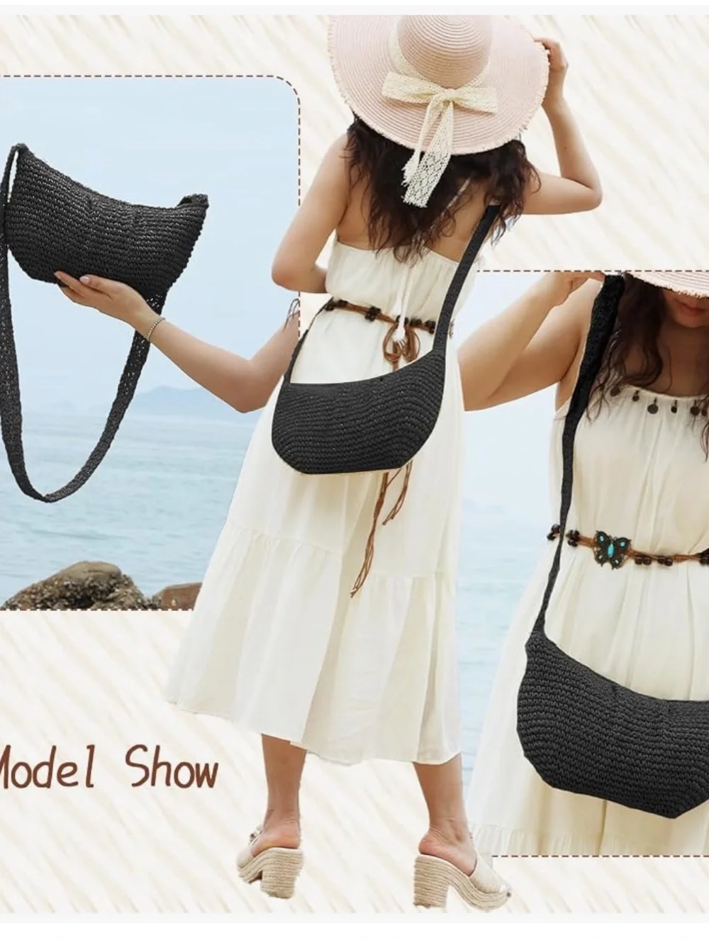 Minimalist Black Woven Straw Crossbody Bag - Pleated Dumpling Shoulder Handbag